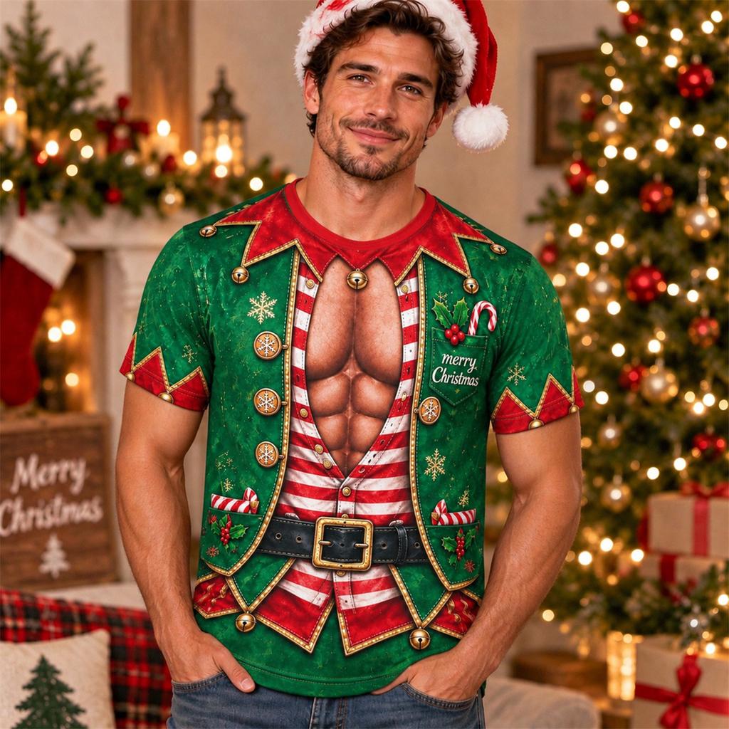 Men's Casual Crewneck T-Shirt Short Sleeve Christmas Print Top for Holiday Everyday Wear