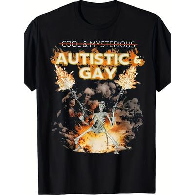 European Sizes Men's Funny Autistic & Gay Skeleton Graphic T-Shirt - Retro Humor Tee with Neurodiversity & + Design, Comfortable Casual Short Sleeve