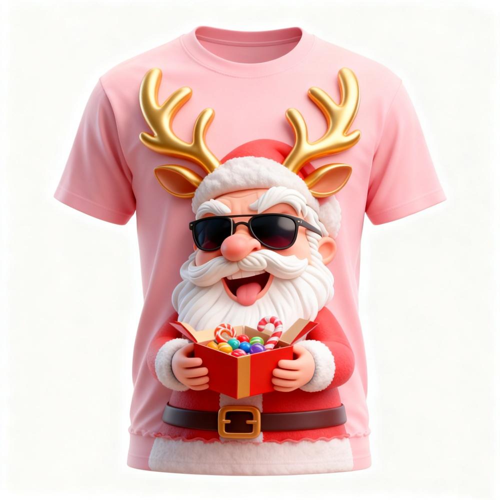 3D Printed Fun Santa Claus Pattern T-Shirt - Creative and Unique Design Short-Sleeve Men's Christmas-Themed Party Apparel