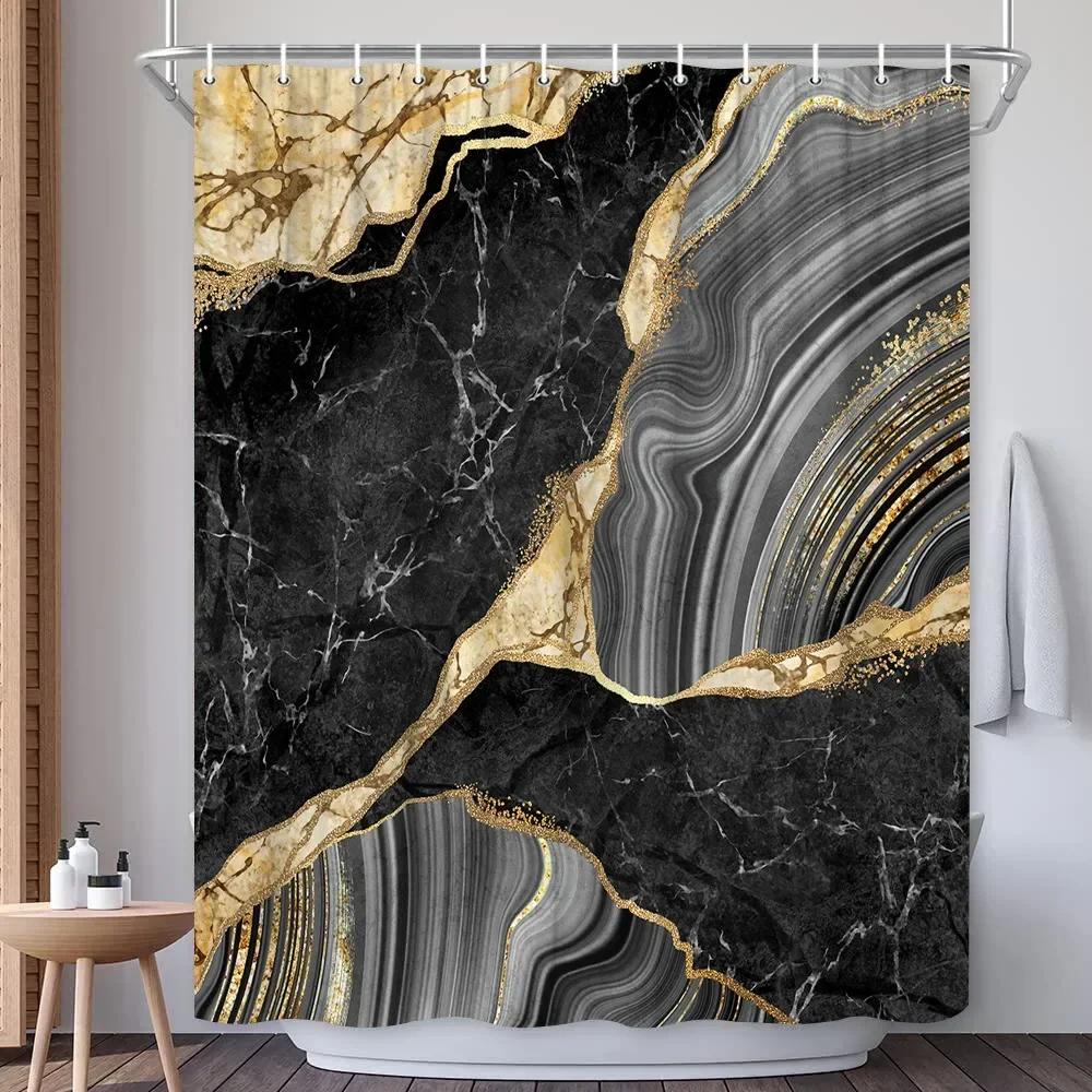 Abstract Navy Blue Gold Marble Shower Curtain Modern Luxury Golden Cracked Lines Fabric Bathroom Curtain Fashion Decor with Hook