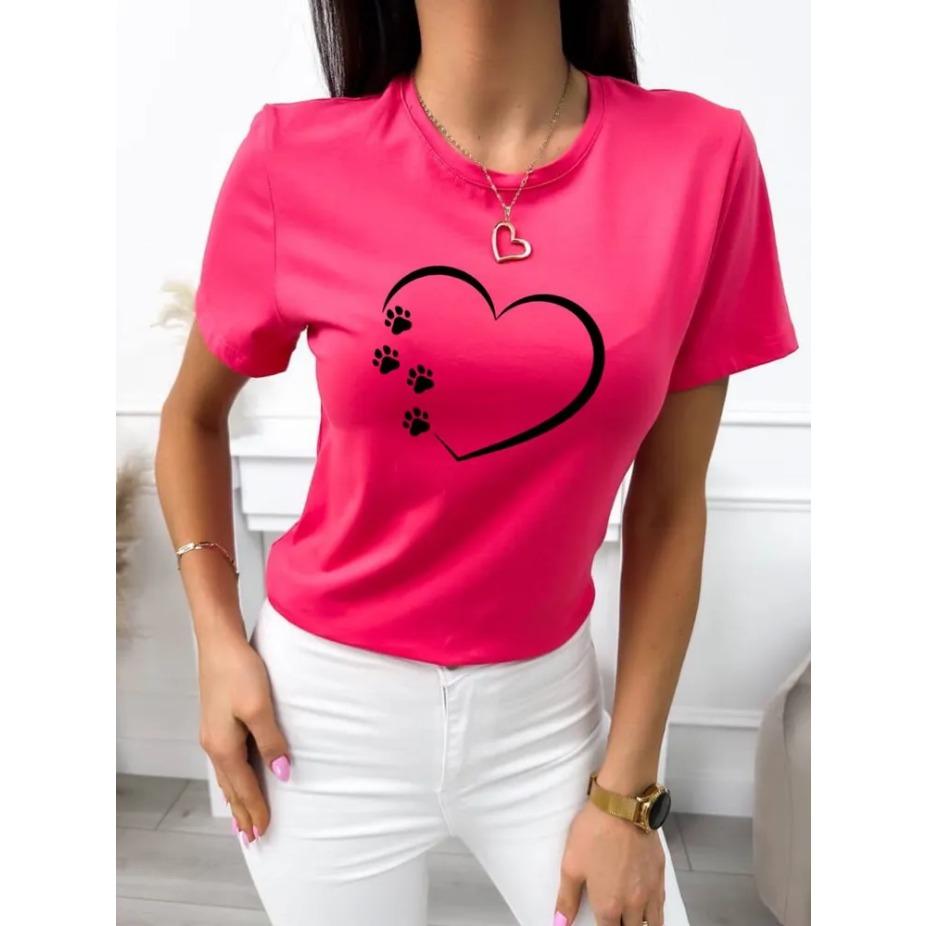 Dámské bavlněné letní tričko s krátkým rukávem a potiskem srdce, s kulatým výstřihem