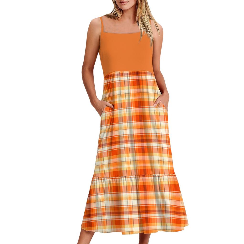 Women's Long Beach Casual Elegant Spaghetti Strap Maxi Dress Plaid Print Low-key Flowing Bohemian Dress