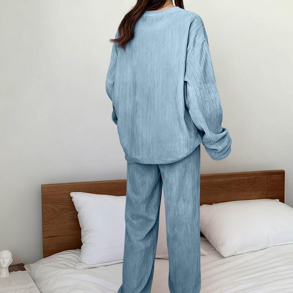 Women Set Long Sleeve Lounging Warm Fleece Sleepwear Winter High Elastic Crewneck Loungewear Sets