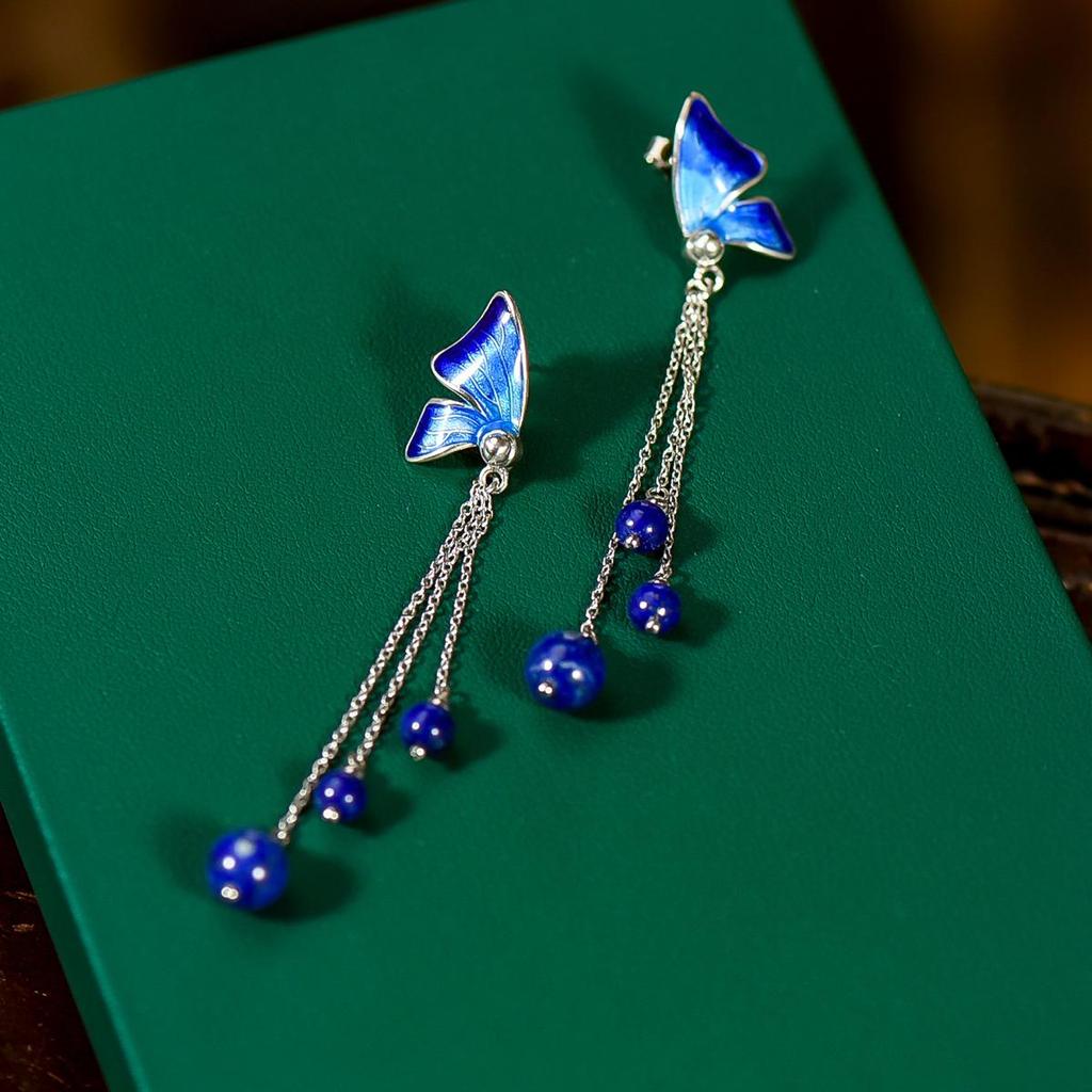Echte Sterling Silber Emaille Kunst Vintage Stil Schmetterling Ohrringe mit blauen Lapis Lazuli Edelstein Quasten Ohrstecker handgefertigt