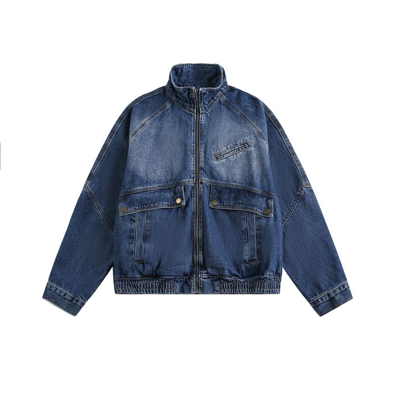 

Dream Made American-Style Stand-Up Collar Washed Workwear Denim Jacket for Men, Spring and Autumn Boxy Short Men s Jacket Dark Blue 2XL