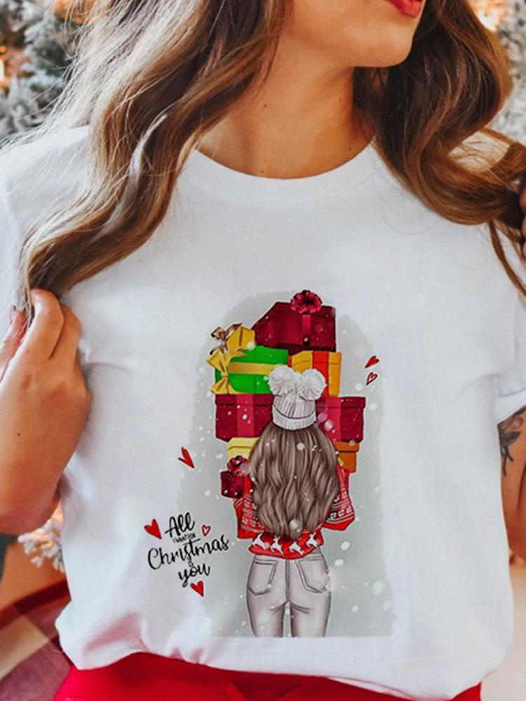 Women's Tops Christmas Short Sleeve Tees Female Summer Beach Funny Cartoon Santa Reindeer Printed T-Shirt Regular Graphic Female