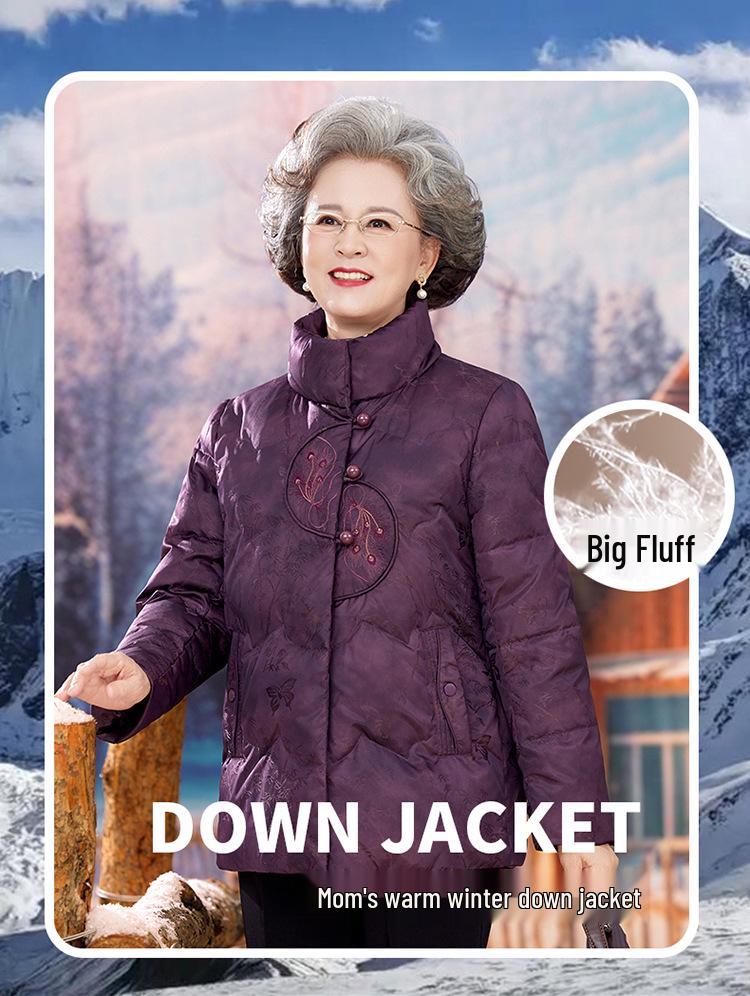 Vintage Rote Daunenjacke im chinesischen Stil für mittelalte und ältere Frauen, Warmer Wintermantel mit Entendaunen