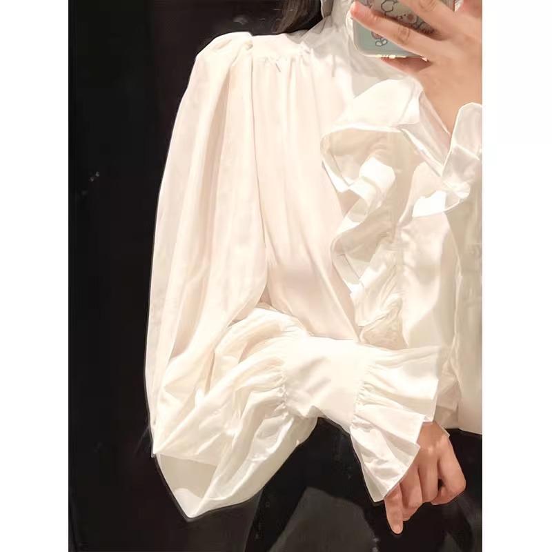 French White Ruffle Blouse Women Long Sleeve Asymmetrical Stand Collar Chic Shirt Retro Pleated Office Commuter Soft Sweet Tops