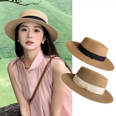 UV Protection Boater Straw Hat Square Ribbon Holiday Straw Hat French Elegant Sun Hats