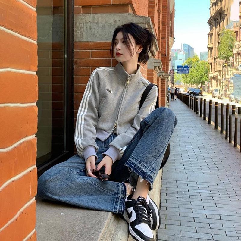 Dámská petrolejová mikina na zip - Americký styl, Tenká, Dlouhý rukáv, Sportovní kardigan na jaro/podzim