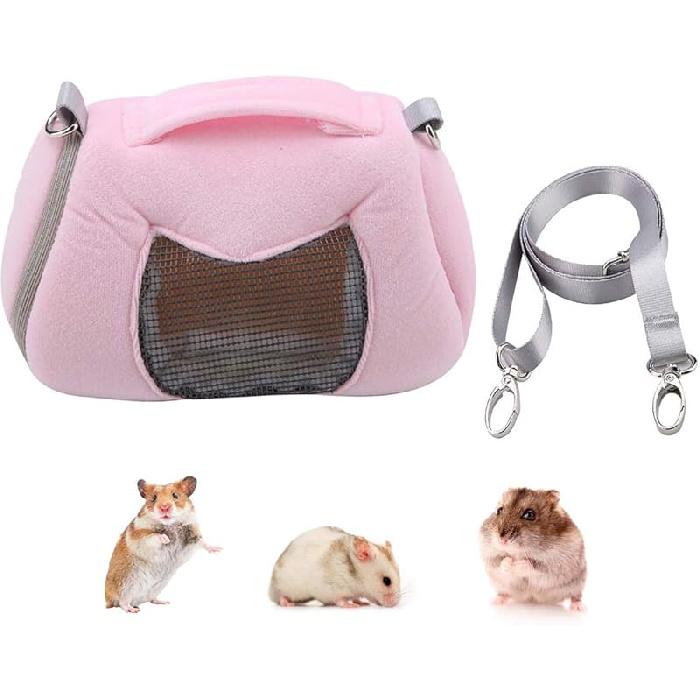 Dwarf Hamster Carrier Bag Portable Cylinder Warm Outdoor Bag with Adjustable Single Shoulder Strap (Pink)