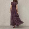 Vestido Midi de Gaze Roxa com Gola Alta, Detalhe em Renda e Cinto de Cetim