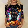 Dámské módní ležérní top s tříčtvrtečním rukávem a halloweenským potiskem, kulatý výstřih