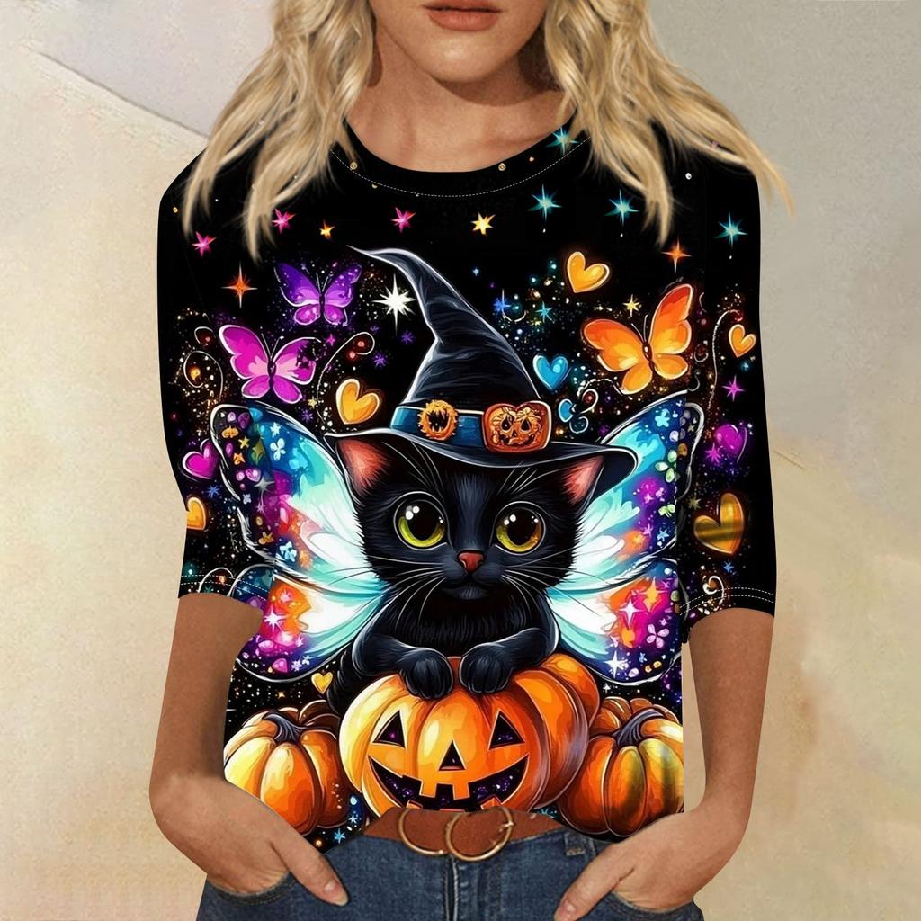 Dámské módní ležérní top s tříčtvrtečním rukávem a halloweenským potiskem, kulatý výstřih