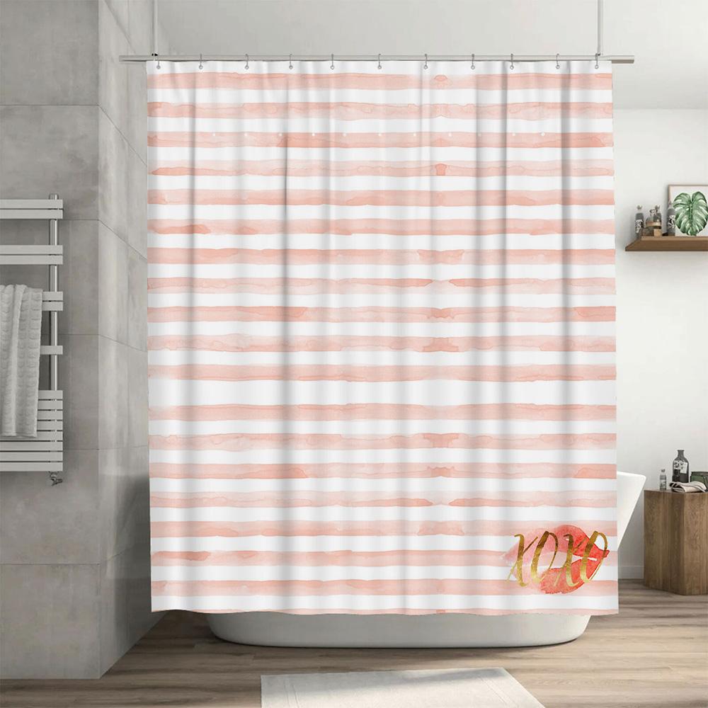 Soft Coral Striped Shower Curtain Pink Bath Decor Watercolor Stripe Waterproof Liner Home Bathroom Drape For On