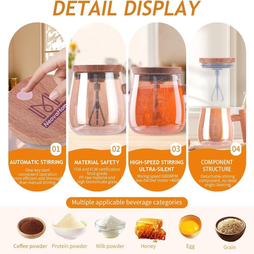 Tazza Automescolante Elettrica in Vetro Borosilicato da 400 ml per Caffè/Latte/Proteine in Polvere