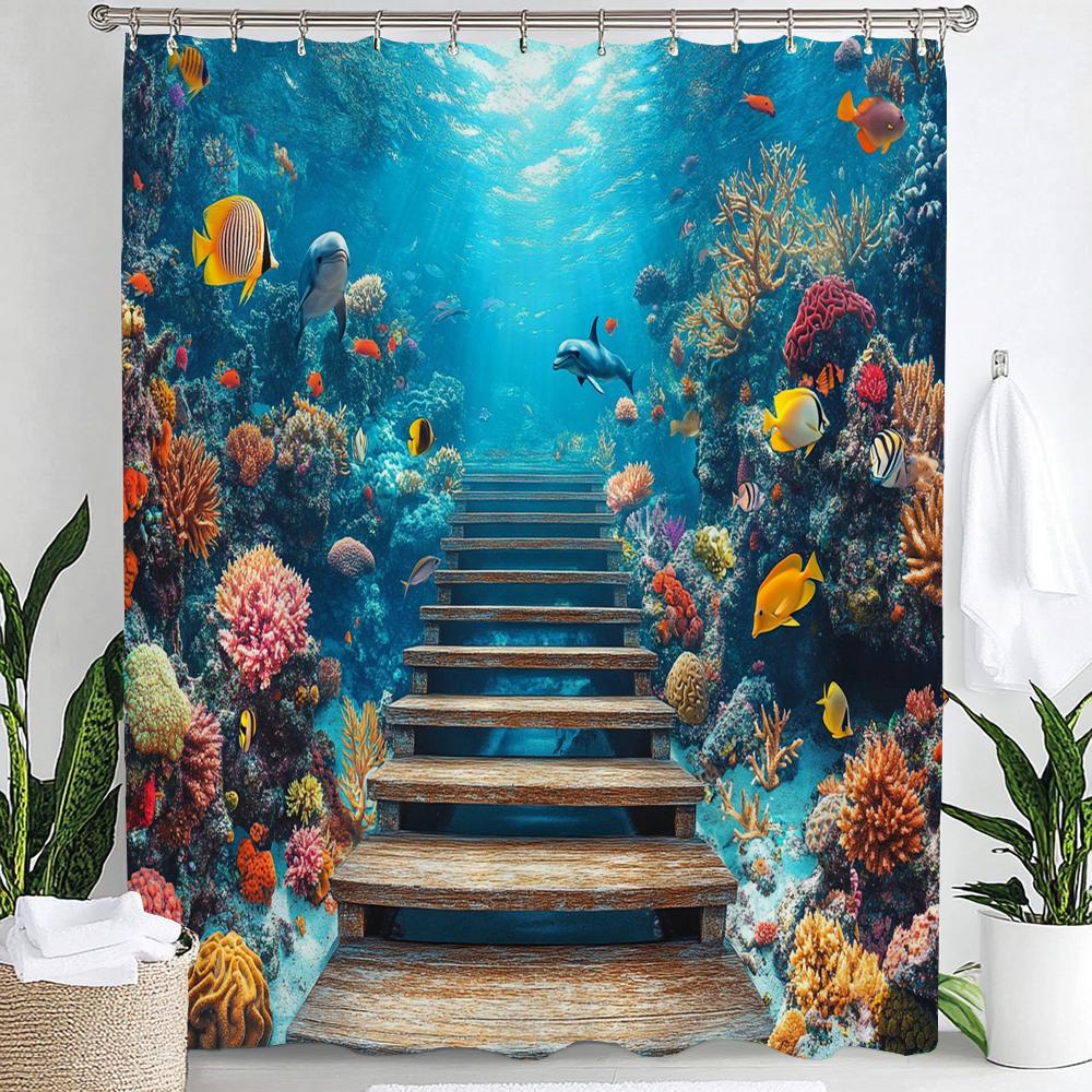 Underwater World Printed Shower Curtain With Hooks, Dolphin Sea Turtle Fish Coral Underwater Cave Ocean Bathroom Decor Curtain