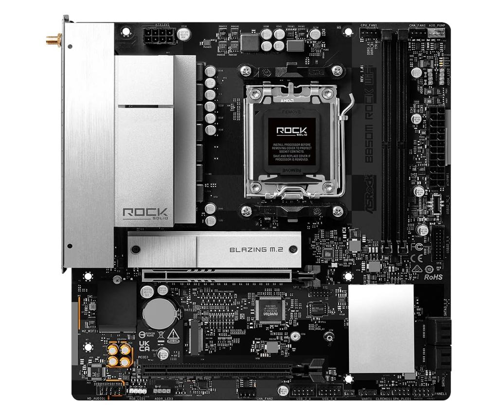 ASRock B850M Rock WiFi Motherboard, Compatible with AMD Ryzen 9000 8000 7000 Series CPUs (Socket AM5), DDR5 Micro ATX Motherboard [Authorized