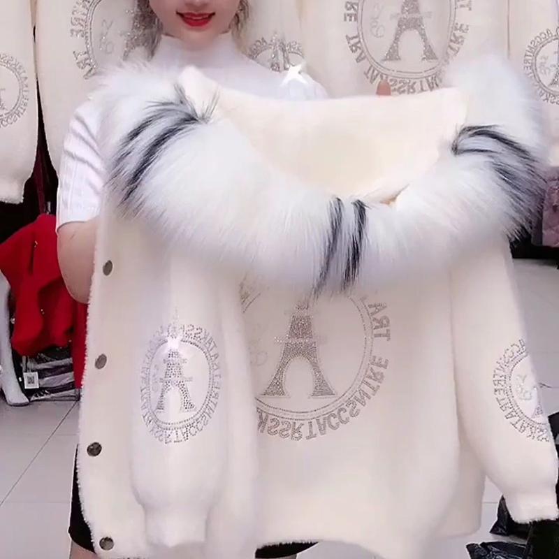 

Осенне-зимнее теплое толстое пальто из искусственного меха норки с капюшоном, женский кардиган с воротником из страз XXXL