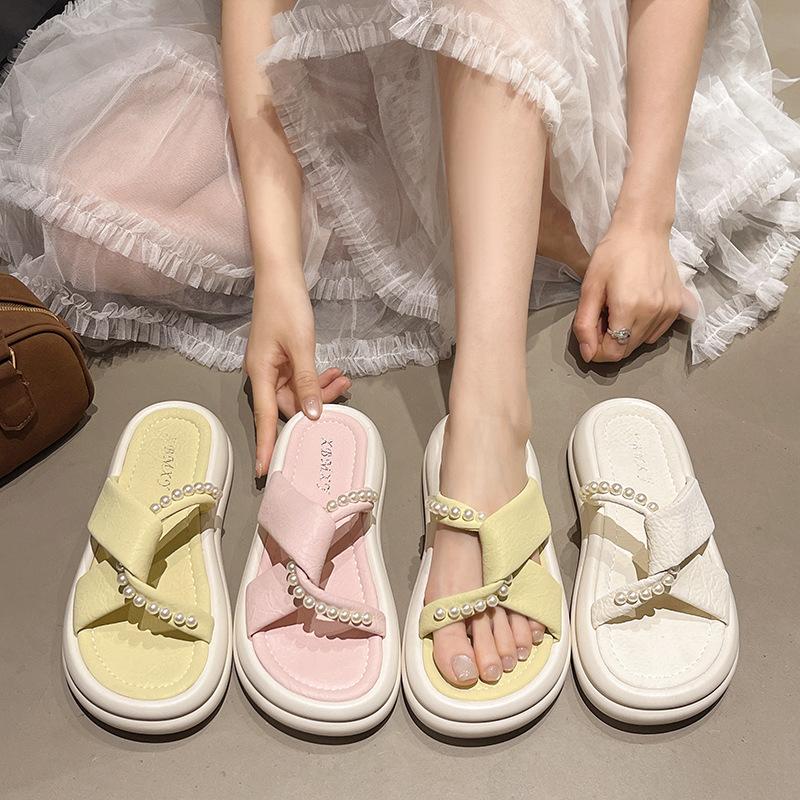 Fashion Cool Slippers 2025 Summer New with Skirt Fairy Wind Beaded Thick Bottom Cross Beach One Word Cool Slippers