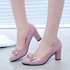 Single Shoes Women's Versatile Work High Heels Spring and Autumn Thick Heel Middle Heel Bow Patent Leather Nude Women's Rhinestone Single Leather Shoe