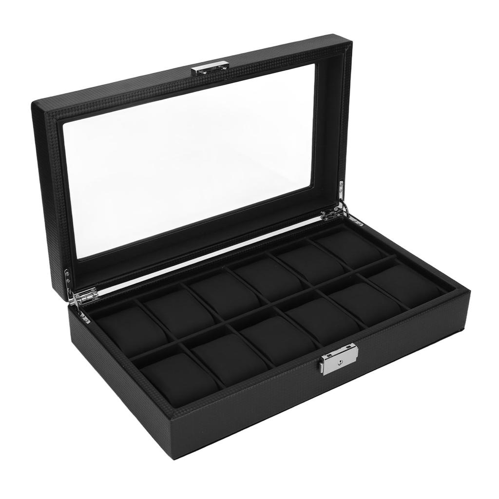 Watch Organizer 12 Slots Black Carbon Fiber Texture Thickened Acrylic Cover Watch Display Case