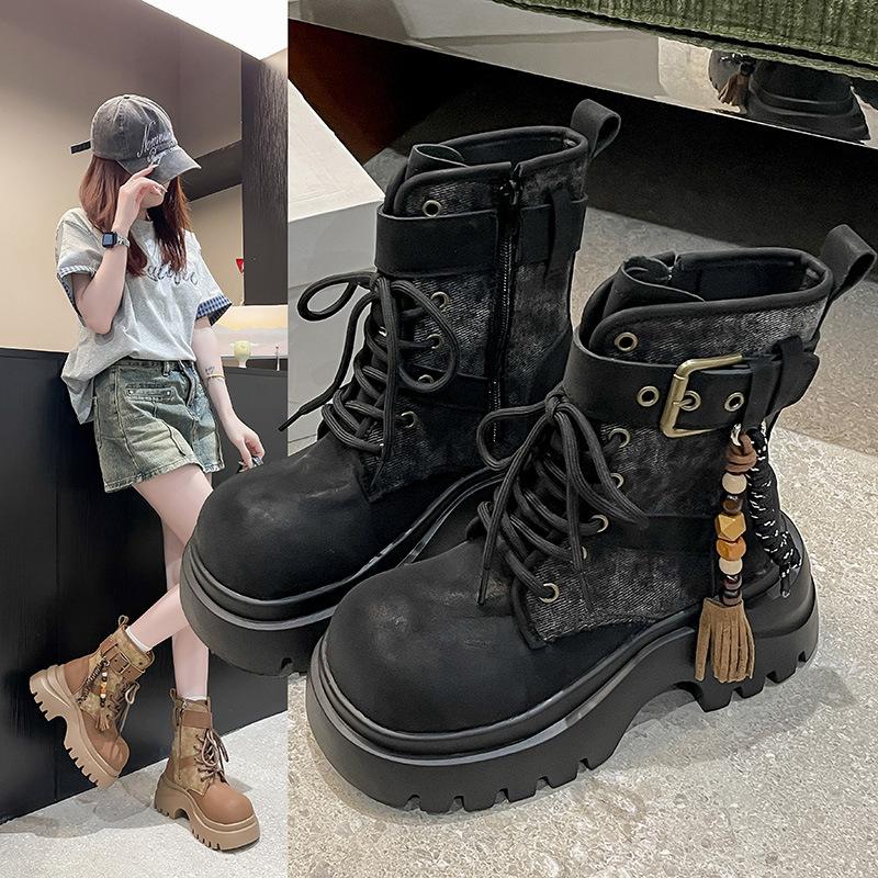 

2025 early autumn new platform Martin boots British style splicing denim retro short boots versatile casual women s shoes 35