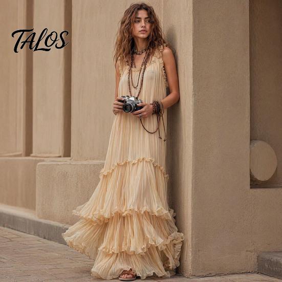 Talos Summer Ruffle Tiered Swing Dress for Women, Boho Beach Flowy Maxi Sundress, Sleeveless A-line Loose Long