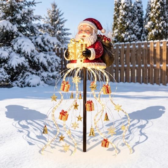 Solar Powered Winter Garden Accents Santa Claus Christmas Light, LED Holding Gift Box Yard Stake Holiday Lawn Stakes for with Cascading String Lights