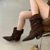 Stivali alla caviglia vintage con pieghe alla moda da donna, stile street invernale, punta a punta, tacco basso, stivali corti SHort