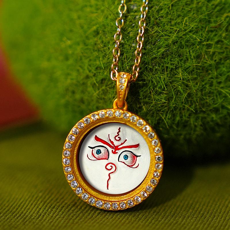 

Custom Hand-Painted Thangka Pendant: Yellow Wealth Zaki Lhamo with Green Tara & Manjushri