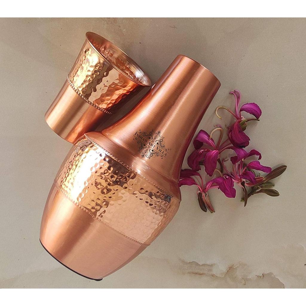Pure Copper Printed with Health Benefits, Inbuilt Glass, Bedroom Water Bottle for Storage Purpose (Half Hammered Surahi Shape, 1300 ml) Set of 1