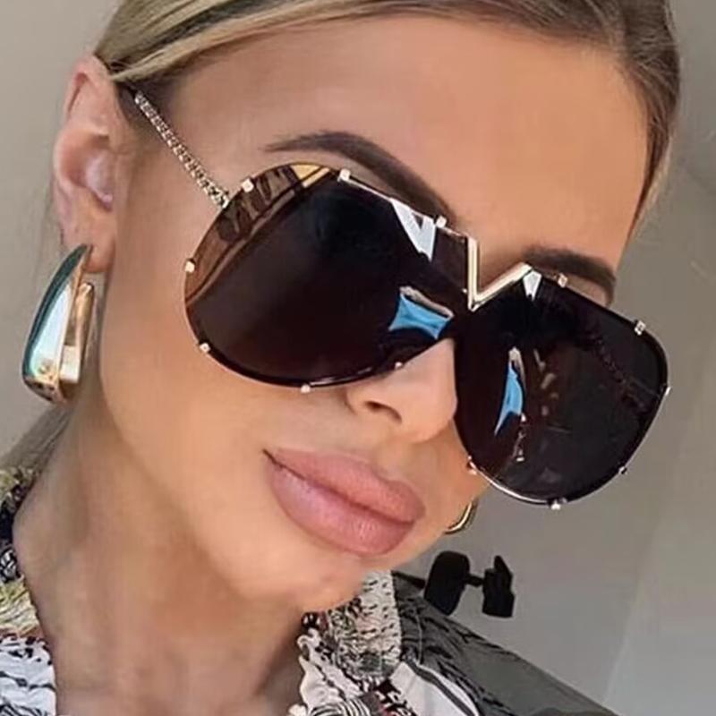 Fashion Large Frame One-Piece Lens Sunglasses Women'S Metal V Colorful Sunglasses Personalized Hip-Hop Special-Shaped Sunglasses