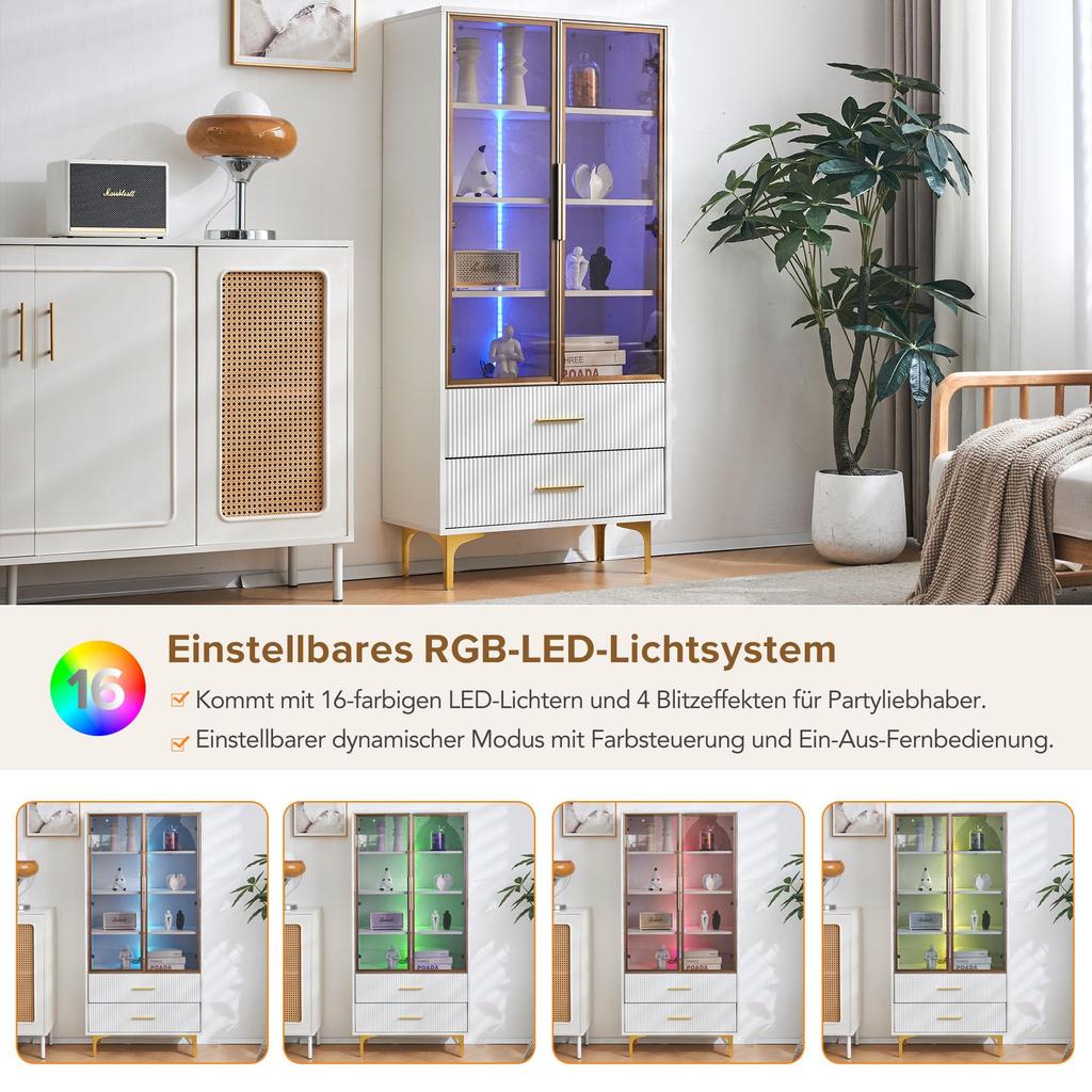 Glass Display Case LED Lighting, Two-Part White, Adjustable Shelves, 2 Drawers, Modern Bookcase Standing Display Case Office Cabinet