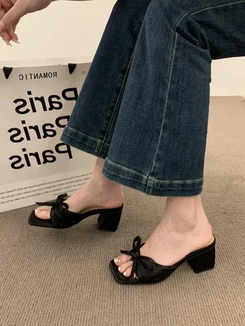 2025 New Women's Lightweight High-heeled Flip Flops, Women's Clip on Strap Bow Slippers, Women's Open Toed Beach Sandals