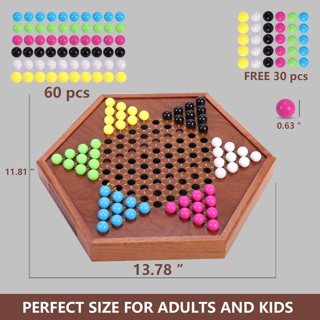 Chinese Checkers Wooden Board Game, 13.7', 60+ Colorful Acrylic Marbles, Classic Family Strategy Game