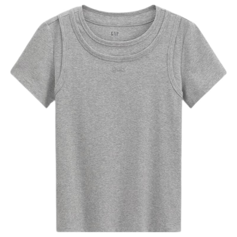 GAP Women s 2026 Summer Faux Two-Piece Logo Embroidered Short Sleeve T-Shirt S (Asian Size)