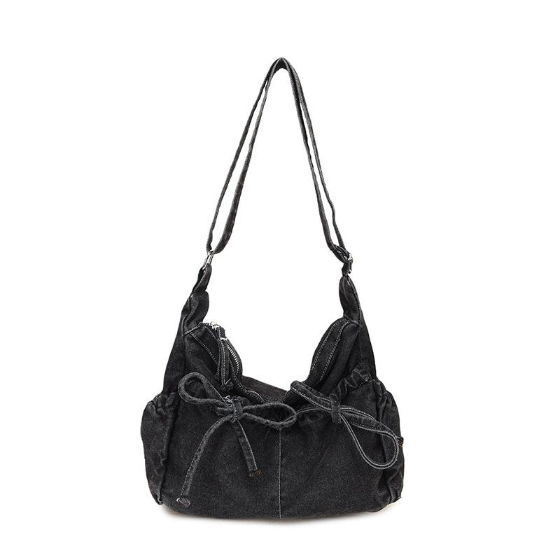 

Vintage Bow Washed Denim Shoulder Bags for Women Versatile Large Capacity Ladies Crossbody Bag Lightweight Casual Tote Handbag чёрный