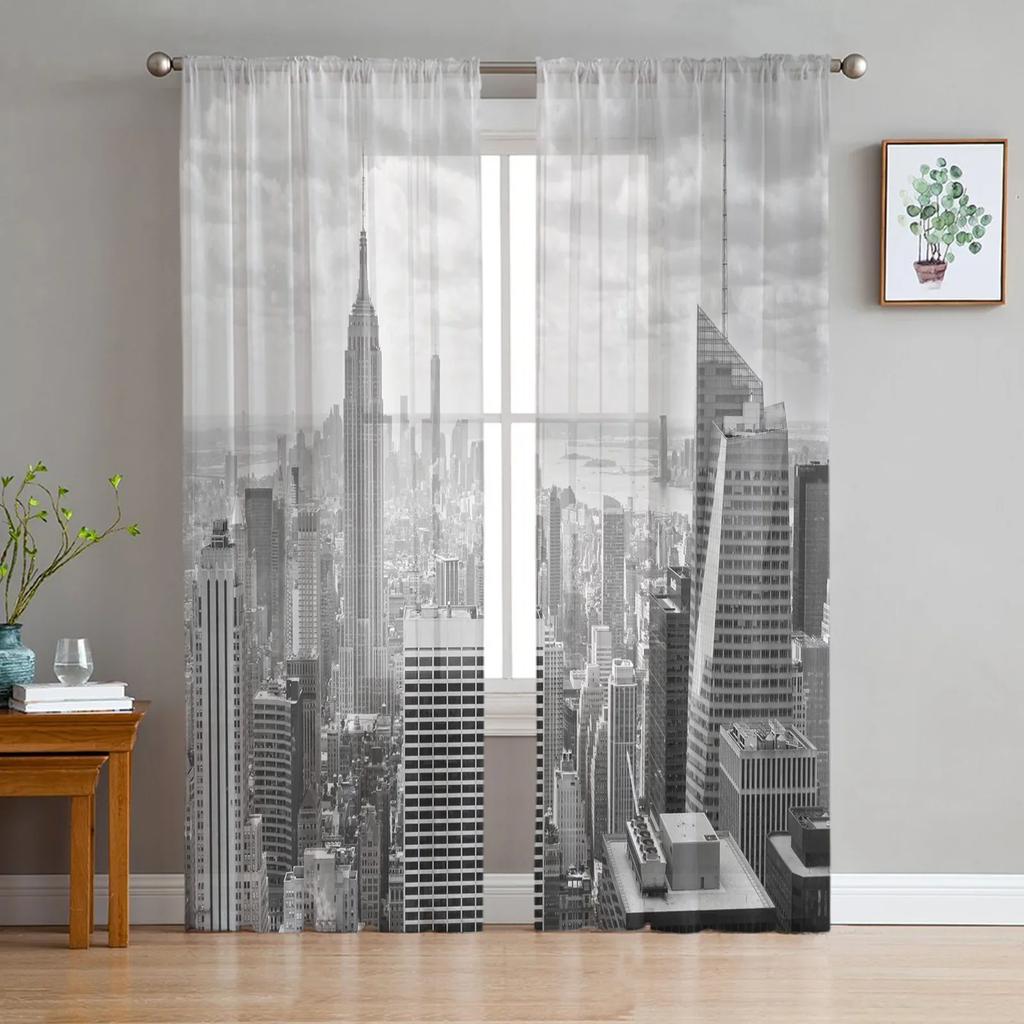 Manhattan City Night View Skira gardiner för vardagsrumsdekoration Tyll Voile Organza Fönstergardiner för kök sovrum