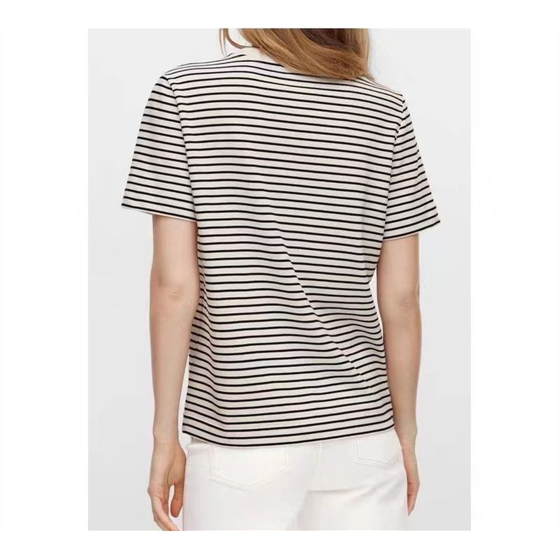 MD Spring New Arrival Standard Cotton Tee Base Shirt Tops Round Neck Stripes T-shirt Women's Short Sleeve
