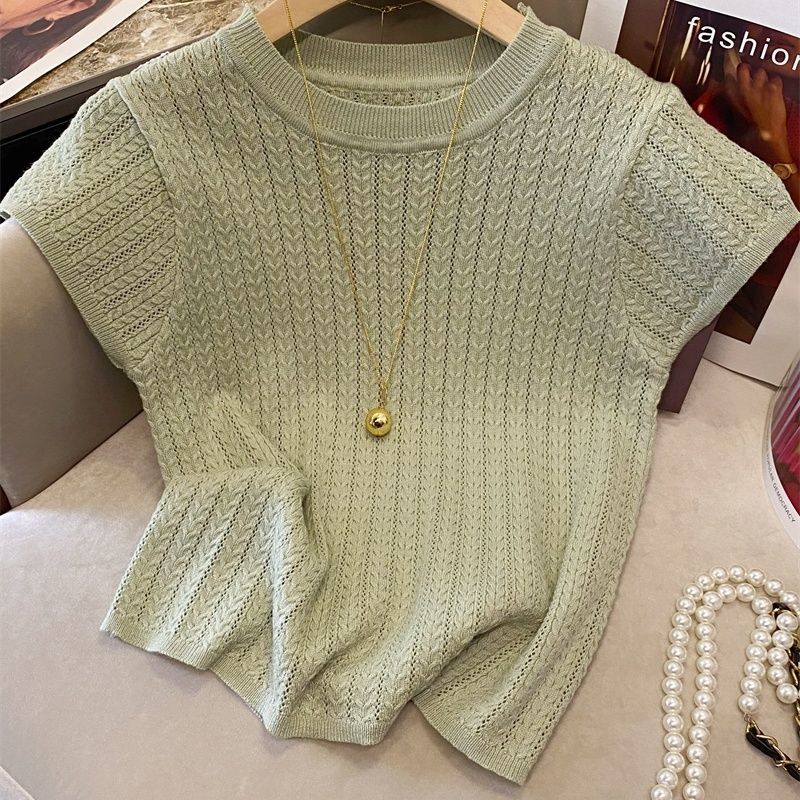 Women Cropped Knit Tank Top, Solid Off White Round Neck Cap Sleeve Hollow Cable Knit Textured Breathable Slim Summer Casual Blouse