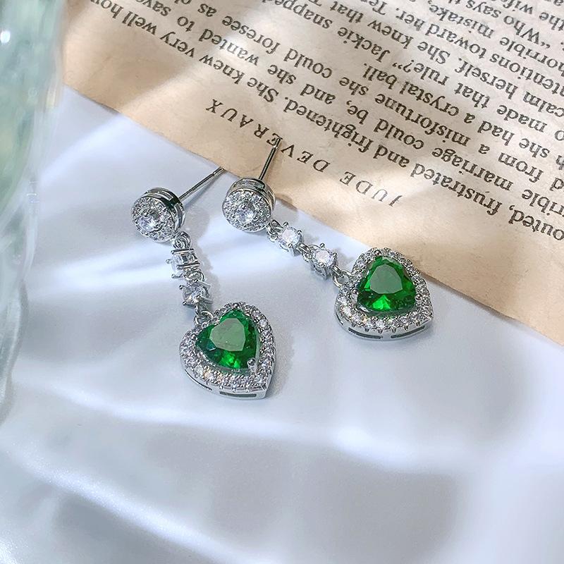 Exquisite Earrings for Women's Silver Earrings Inlaid Green Love Zircon Earrings Long Tassel Jewelry Earrings Korean Earrings
