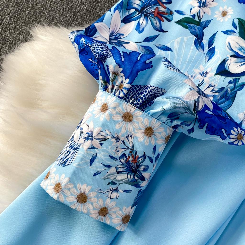 Spring Autumn Women Vintage Print Runway Dresses Stand Full Sleeve Single Breasted Long Maxi Holiday Party Dress With Belt