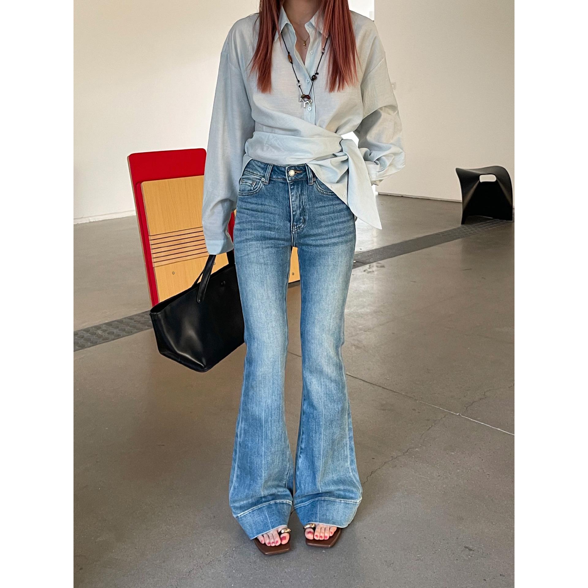 

Spring Arrival: Women s High-Waisted Stretchy Flare Jeans with Spicy Girl Style and Washed Split Line Design 28 светло-синий
