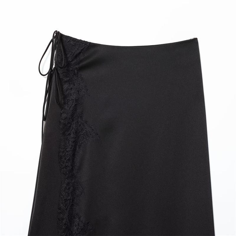 2025 Autumn European & American Style Women's Fashion Lace Satin Midi Skirt