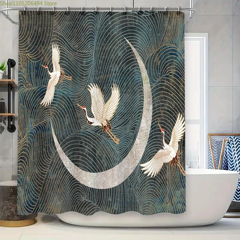 Stylowy wystrój łazienki: Zestaw zasłon prysznicowych z żurawiami księżycowymi do dekoracji domu Granatowy Złoty Nadruk Poliester Idealny Prezent