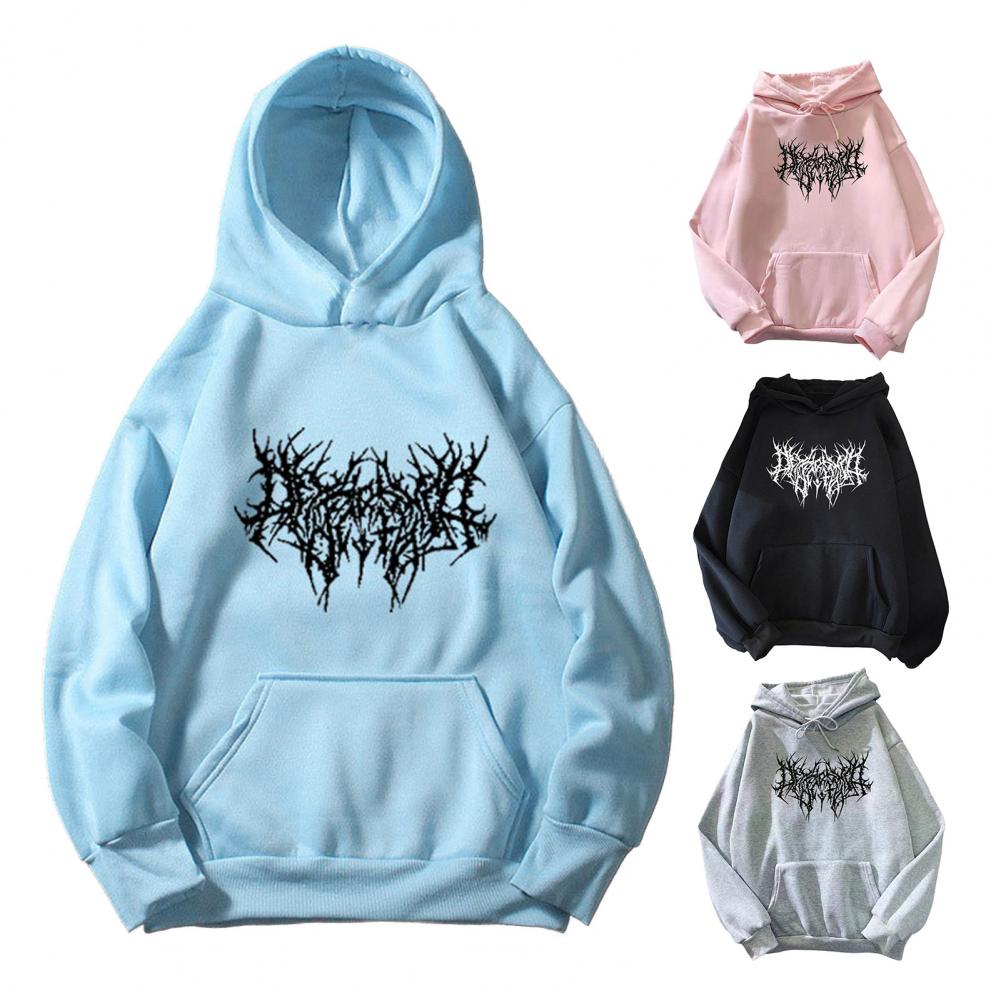 Fall Winter Unisex Hoodie Drawstring Elastic Cuff Thorn Print Thick Fleece Patch Pocket Loose Long Sleeves Pullover Warm Top