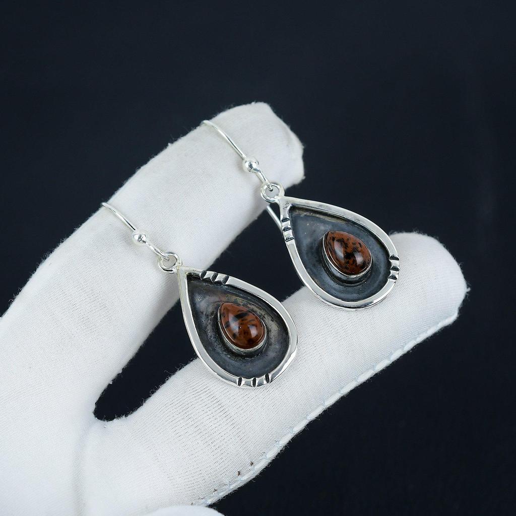 Natural Mahogany Obsidian Gemstone Earrings, 925 Sterling Silver Earring, Handmade Boho Silver Jewelry Dangle Earrings, Birthday Gift