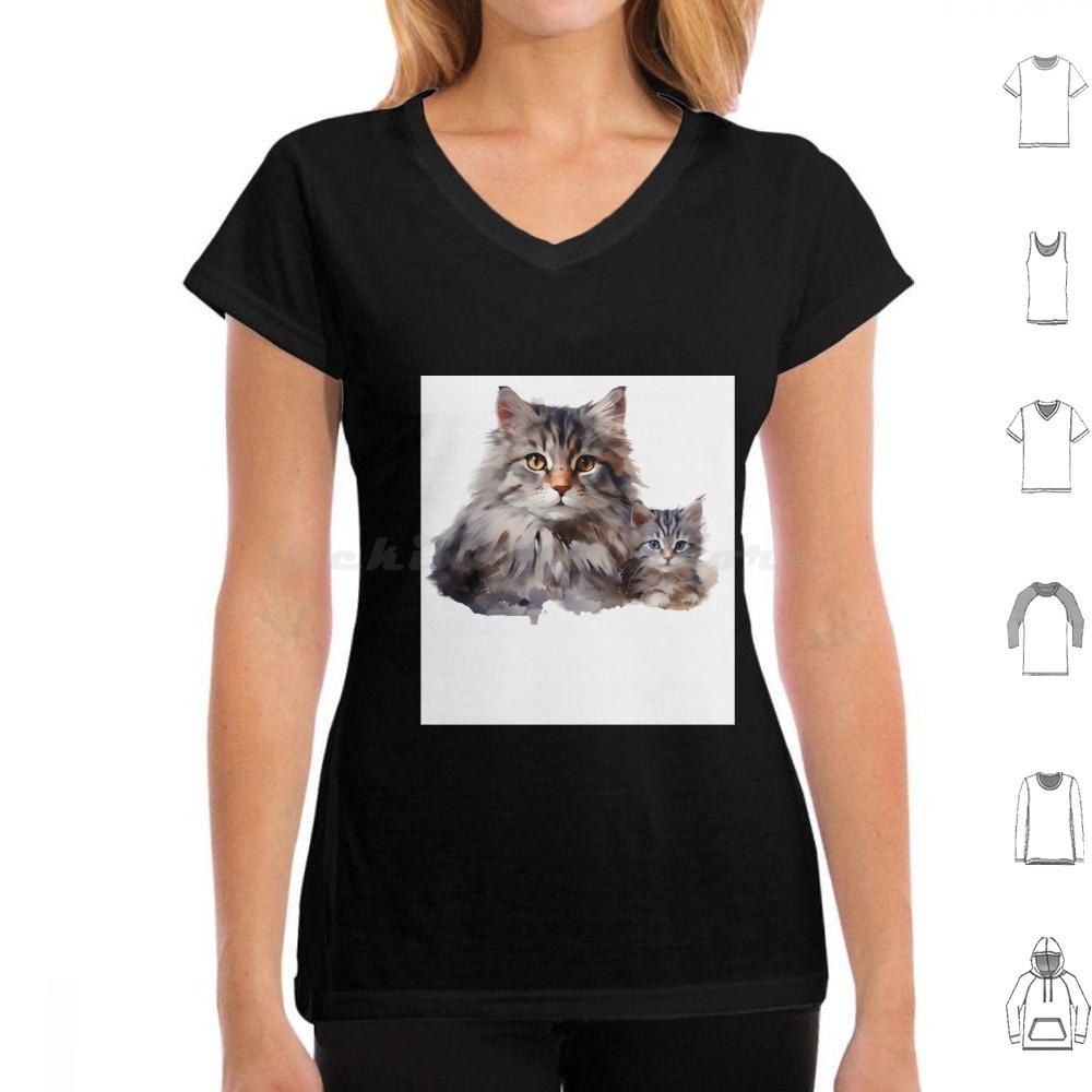 Loving Mother Cat And Her Playful Kitten T Shirt Cotton Men Women DIY Print Cat Illustration Mother Cat And Kitten Cute Cat