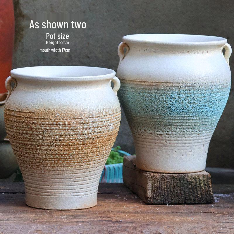 Yixing Handmade Square Mouth Coarse Pottery Planter - Large Succulent Flower Pot with Old Branch Design and Jade Pendant.